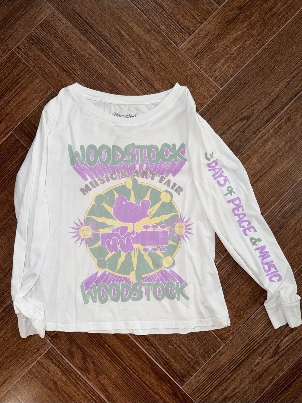 Karma White Long-Sleeve Woodstock Graphic Tee with Pastel Purple & Sage size S